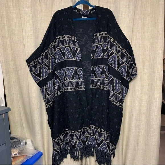 Ecote Free People Textured Bohemian Kimono Black Aztec Open Fringed Cardigan OS - Picture 11 of 11